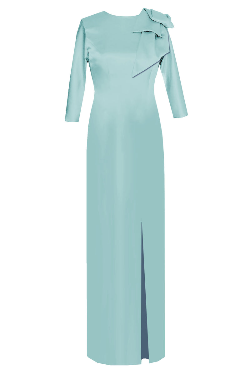 light blue silk gown with sleeves