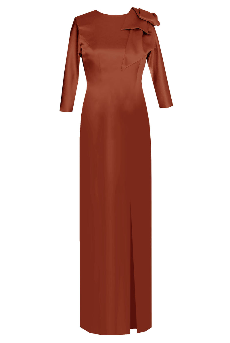 brown silk gown with bow